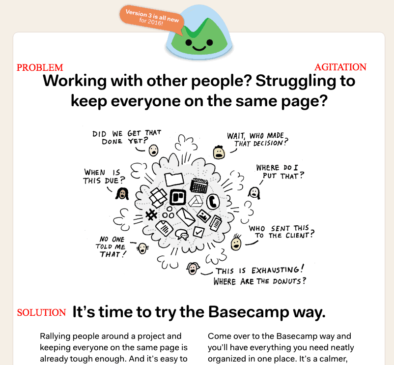 PAS on the Basecamp 3 home page. And they use an open letter on the page, too. Because of course they do.