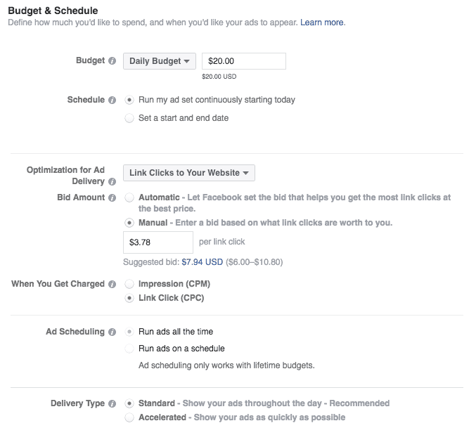 Set your FB ad budget, and schedule it! Screenshot