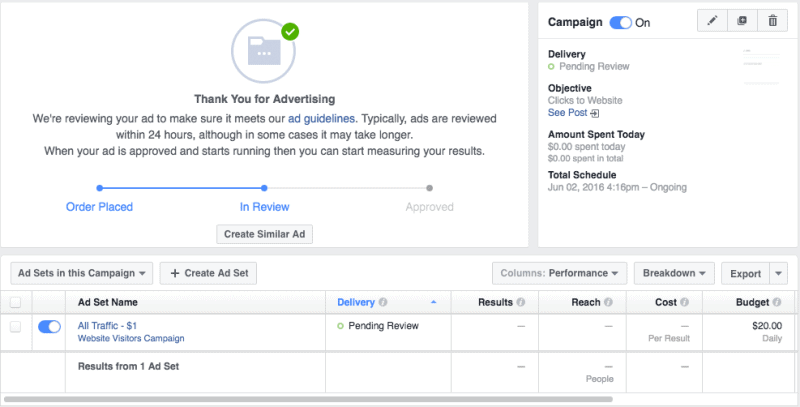 Your ad is in review (screenshot of FB)