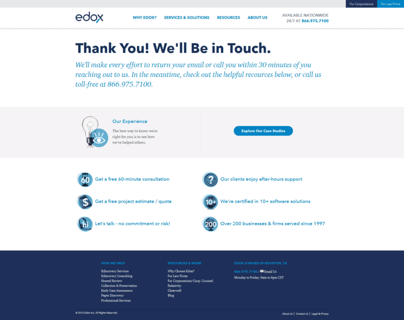 The thank-you page for Edox