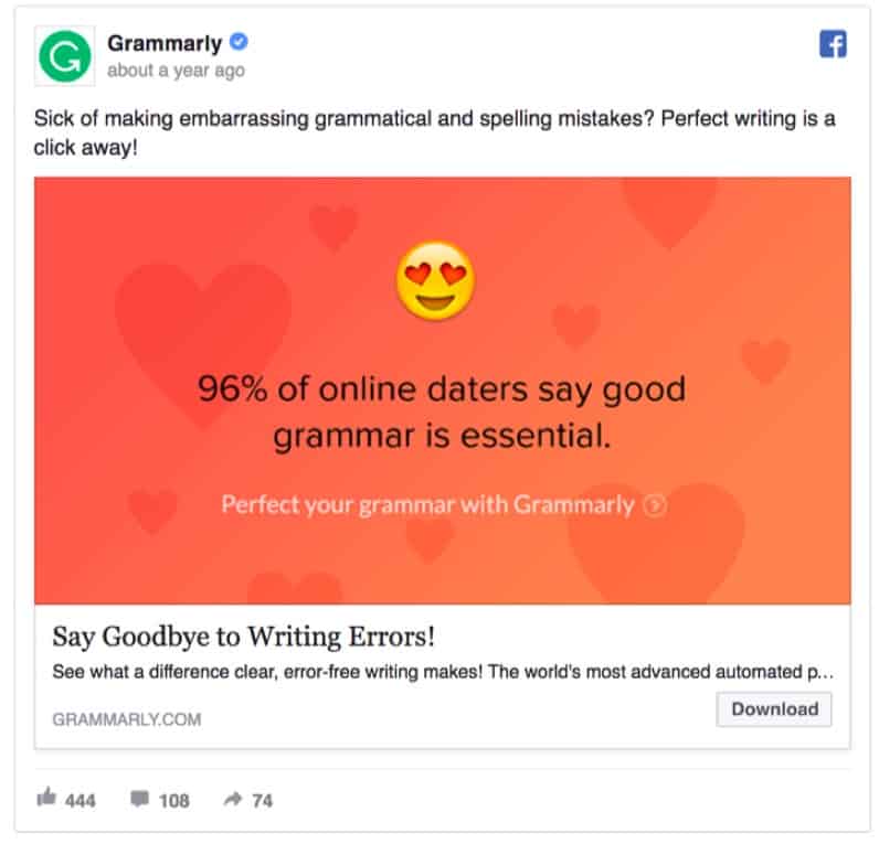 grammarly 96 percent online daters facebook ad