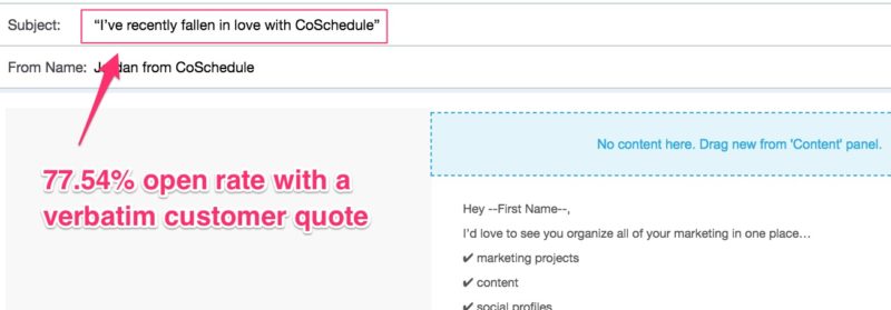 Verbatim customer quote increases an email's open rate
