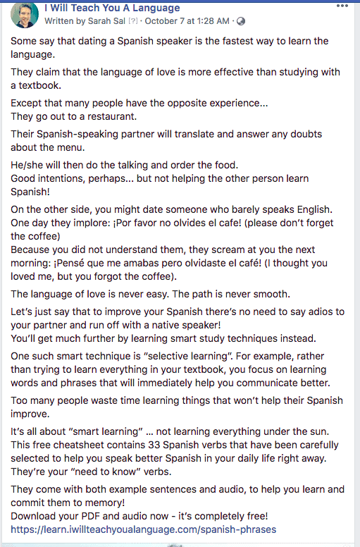 Facebook ad featuring long copy example
