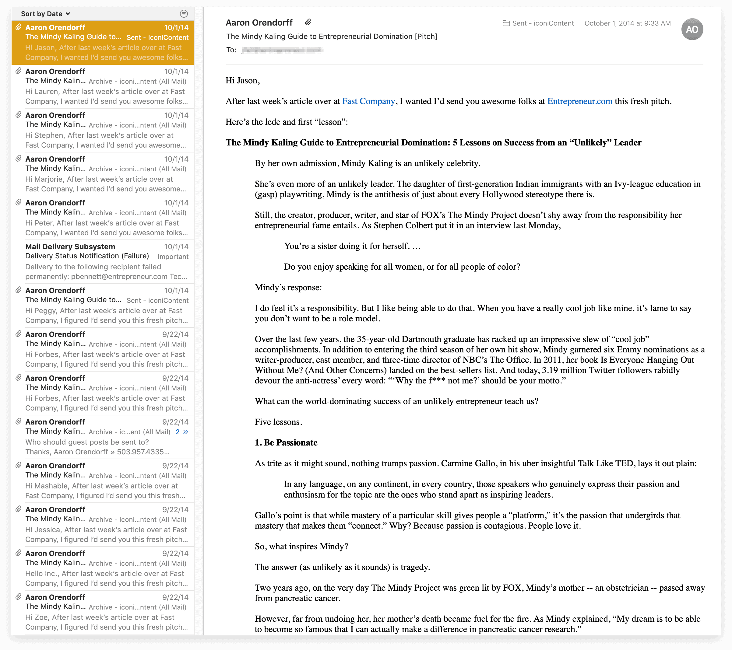 Email history of guest post pitches by Aaron Orendorff