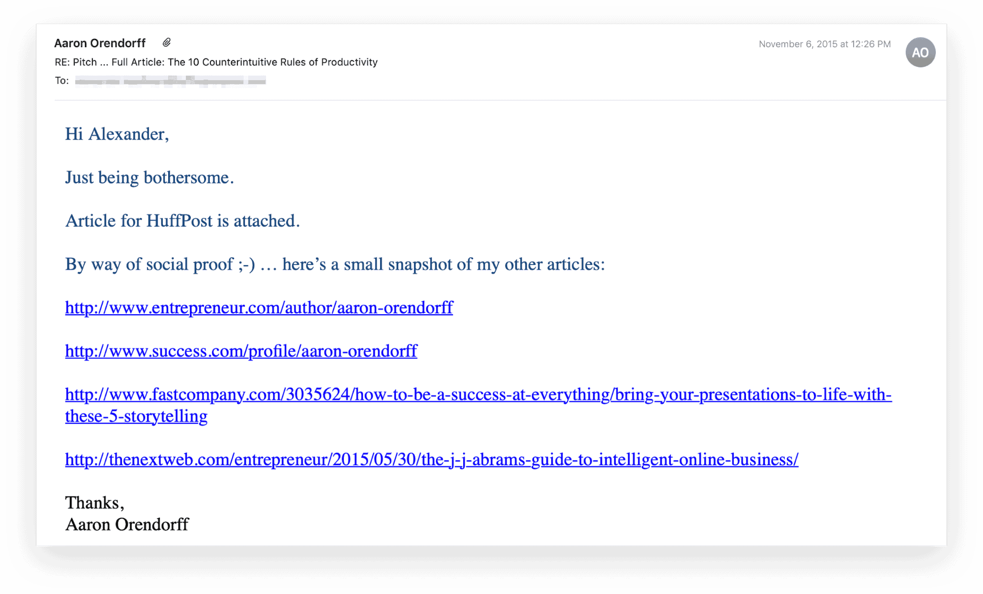 Guest posting pitch email sent to an editor at the Huffington Post