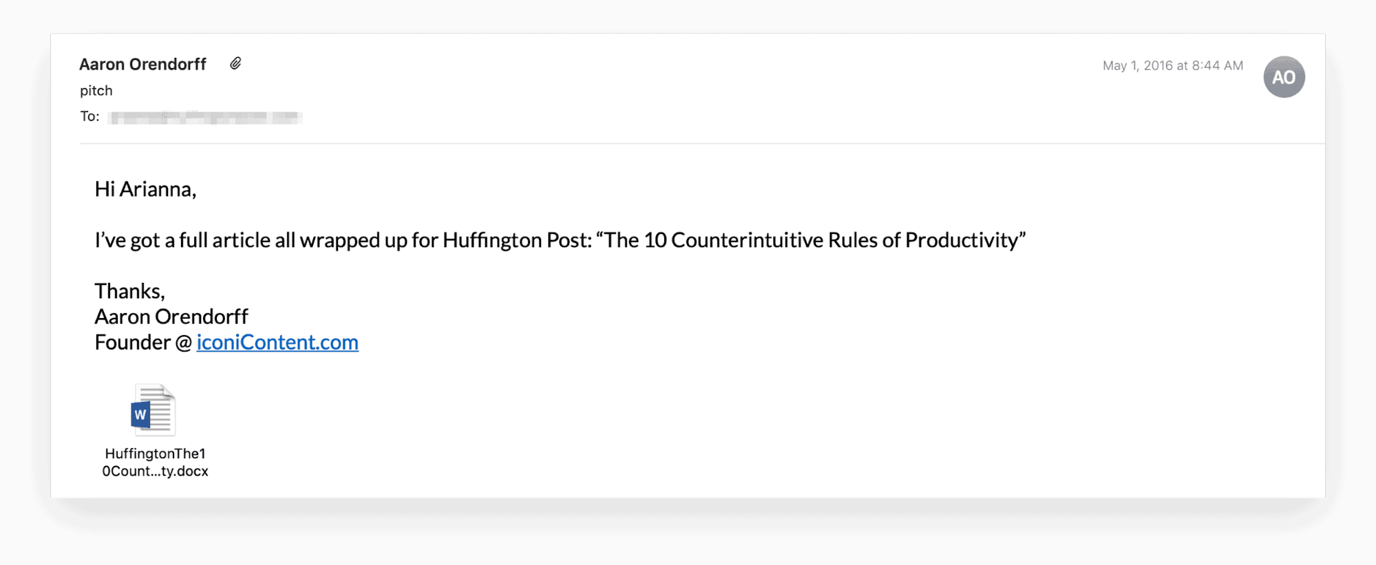 Successful guest posting pitch email sent to Arianna Huffington